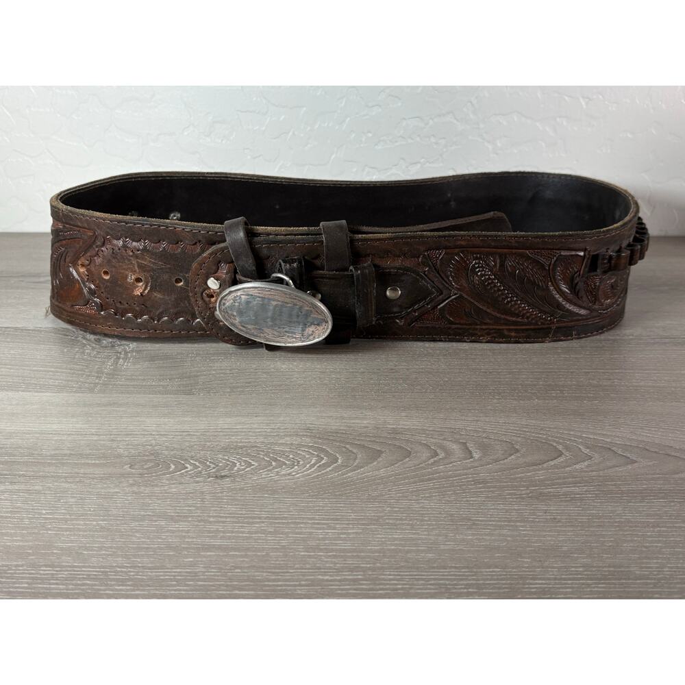 Vintage Mexican Tooled Leather Belt Western‎ Cowboy  Cartridge Holster Belt 36”